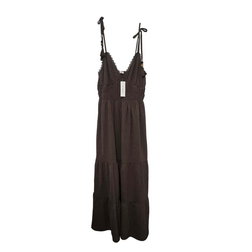 No Comment Brown Tiered Maxi Dress with‎ Lace Trim and Tassels Size M New